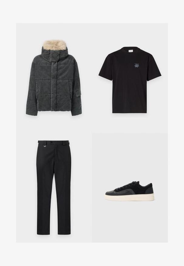 Pelēka kordurova polsterēta jaka ar noņemamu mākslīgās kažokādas kapuci, tai ir kastveida forma, šūts raksts un sānā kabatas detaļa.; Melna kokvilnas T-kreklu ar apaļu kaklu un īsām piedurknēm. Saturs mazu zilu logotipu kreisajā krūtī. Vienkāršs, taisns griezums.; Melni uzvalka bikses ar taisnas piegriezuma griezumu, ar pogu aizdari un jostu cilpām. Gluda tekstūra ar minimālu dekorējumu.; Melnas sporta kurpes, kas izgatavotas no gludas ādas un strukturētas zamšādas kombinācijas, ar plakanu šķiedru auklu, noapaļotu purngalu un krēmkrāsas gumijas zolēm.