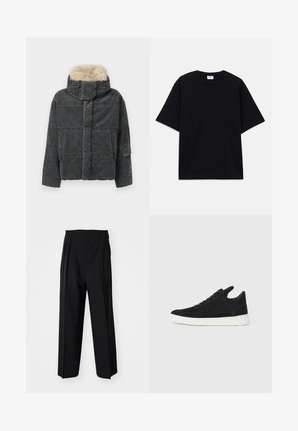 Grå kordfløjlsdynejakke med aftagelig hætte i kunstpels, med en kasseformet silhuet, quiltet mønster og detalje med sidelomme.; Sort oversized T-shirt med korte ærmer og rund halsudskæring, med synlig Filippa K mærke indeni kraven.; Sorte plisserede bukser med et lige, bred ben-design. Fremstillet af glat stof, med en knaplukning og bæltesløjfer.; Sort ruskinds sneaker med en hvid gummisål, der har tonalt syet detalje og snørredesign. Glat tekstur med en moderne, strømlinet form.