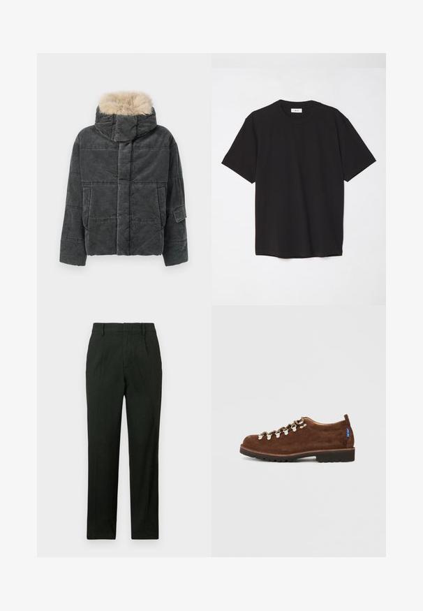 Casaco acolchoado de veludo cotelê cinza com capuz de pelo sintético destacável, apresentando uma forma quadrada, padrão acolchoado e detalhe de bolso lateral.; T-shirt de algodão preto com decote redondo, mangas curtas e um corte descontraído. Design simples, textura suave e sem padrões ou logótipos visíveis.; Calças pretas com um design de perna reta, frente lisa e bolsos laterais. Feitas de um tecido texturizado com um acabamento suave.; Sapatos de camurça castanhos com um design de perfil baixo, apresentando ilhoses de metal e atacadores brancos, bico reforçado e uma sola texturizada de borracha preta.