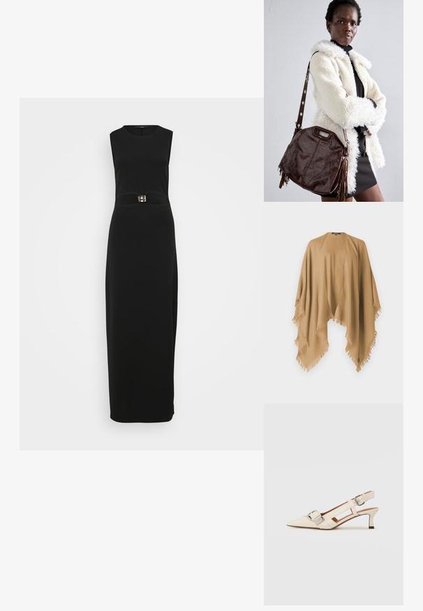 WEEKEND MaxMara TABACCO - Cape - camel; Black sleeveless maxi dress featuring a fitted silhouette, smooth texture, and a distinctive buckle accent at the waist.; White leather slingback shoe with a pointed toe, small heel, and adjustable strap featuring a prominent silver buckle detail.; Brown leather handbag with a textured finish, pleated edges, and side tassels; features a detachable shoulder strap with metal accents.