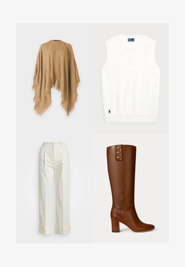 WEEKEND MaxMara TABACCO - Cape - camel; White sleeveless sweater made of smooth cotton, featuring a ribbed hem and a small navy logo on the bottom left. Simple design, no patterns.; White tailored pants featuring a high waist, double front pleats, and wide legs with folded cuffs. Made from a smooth, textured fabric.; Brown leather knee-high boot with a square toe and a stacked heel. Features three gold-tone buttons on the upper side for detailing.