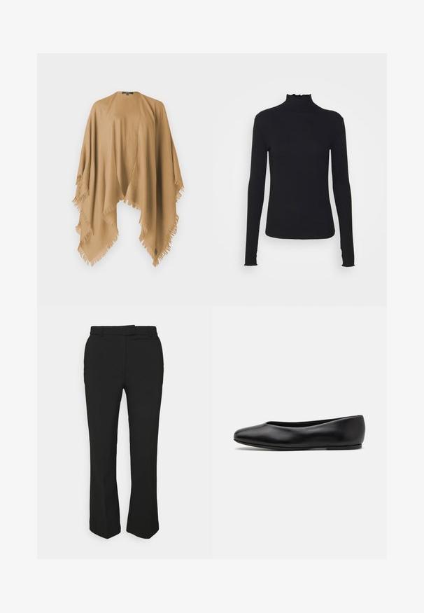 WEEKEND MaxMara TABACCO - Cape - camel; Haut à manches longues noir en col roulé, fabriqué en tissu lisse, présentant un col volanté et une silhouette ajustée avec des bords simples.; Pantalons noirs ajustés avec une coupe droite, dotés de passants de ceinture et de poches latérales. Fabriqués en tissu lisse avec une finition soignée.; Paul Smith TOPANGA - Ballerines - black