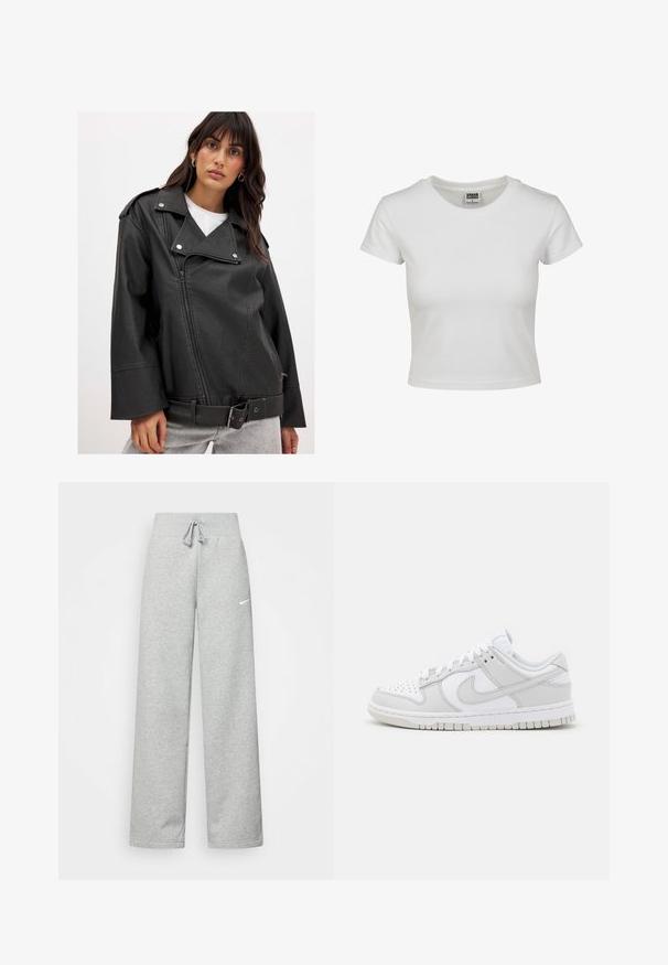 Schwarze Kunstleder-Bikerjacke mit breitem Revers, asymmetrischem Reißverschluss und tailliertem Design. Verfügt über Reißverschlusstaschen und eine lockere Passform.; Weißes Baumwoll-T-Shirt mit klassischem Rundhalsausschnitt, kurzen Ärmeln und slim-fit Schnitt. Keine Muster oder Akzente sichtbar.; Graue Jogginghose mit elastischem Bund, Kordelzug und kleinem weißen Nike-Logo am linken Oberschenkel. Weicher Stoff, locker sitzend.; Weiße Leder-Sneaker mit grauen Akzenten, perforierter Zehenpartie, flachen Schnürsenkeln, gepolstertem Kragen und einer strukturierten Gummi-Sohle.