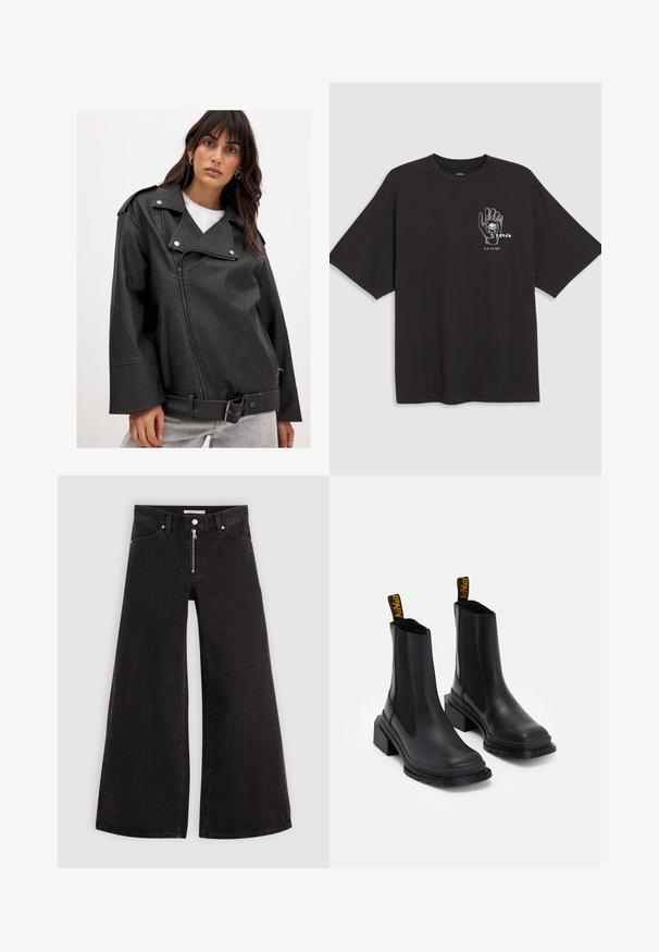 Must have faux nahk nahk jope laiade kraede, ebatasase lukuga ja vöökohaga. Omab lukuga taskuid ja lõdva istuvust.; Must mustaga T-särk lühikeste käistega, millel on käe graafika ja valge tekst "Levi's LA LUNE" vasakul rinna piirkonnas.; Laiad teksad mustast denimist, millel on lukuga eesmine osa, viie taskuga disain ja peened õmblusdetailid. Sile tekstuur ja juhuslik stiil.; Must have väikesed mustad nahast sokkjalatsid, millel on elastsed külgpaneelid, ruudukujuline nina ja jäme heel. Omab kollaseid bränditud tõmbeauke.