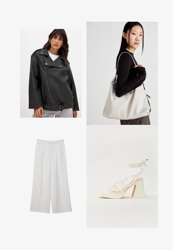 Črna umetna usnjena motoristična jakna s širokim reverjem, asimetričnim zadrgo in pasom. Ima žepe z zadrgo in sproščen kroj.; Bela kratka majica s kratkimi rokavi iz bombaža. Ima okroglo izrezovanje in sproščen kroj. Gladka tekstura brez vidnih vzorcev ali poudarkov.; Bele široke hlače iz lahkega materiala, ki imajo elastičen pas in vrvico za prilagajanje. Gladka tekstura.; Bela sandala na visokih petah s debelim petam, ki ima obliko trakcev in vezanje okoli gležnja. Gladka tekstura z platformo spredaj za dodatno višino.; Bežna torbica iz mehkega materiala, z ohlapno zasnovo, šivi in dvema naramnicama. Primerna za vsakodnevno uporabo.