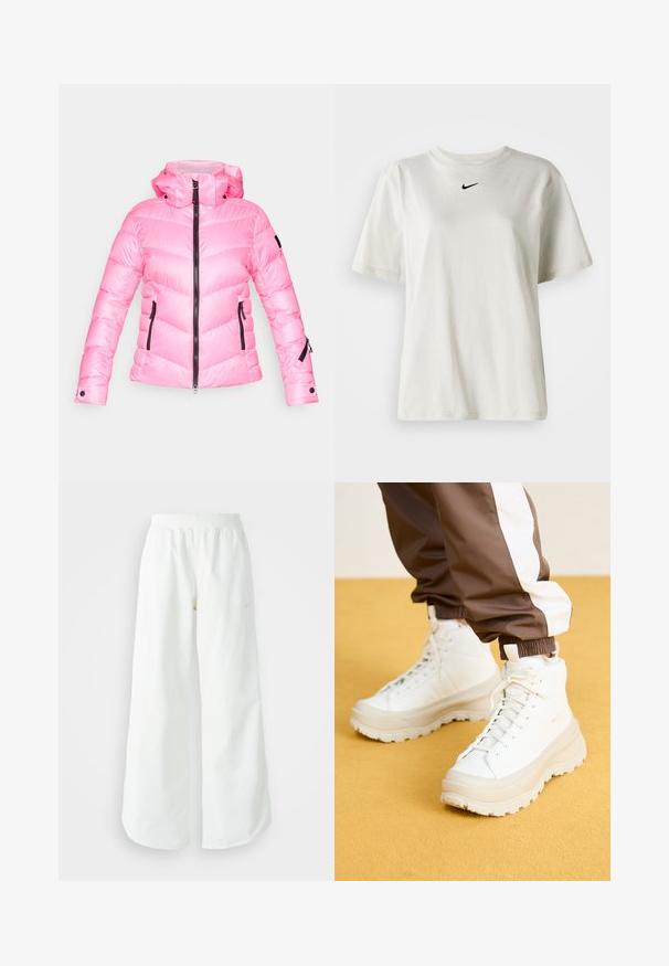 Roze pufferjack met een hoge kraag, ritssluiting aan de voorkant en een chevronpatroon. Beschikt over zwarte ritssluitingaccenten en zijzakken met ritsen.; Witte katoenen t-shirt met een ronde halslijn en korte mouwen. Heeft een klein zwart Nike-logo op de borst. Eenvoudig en onopgesmukt ontwerp.; Witte atletische broek met wijde pijpen, een geribde tailleband en subtiele logodetails. Soepele stof met een relaxte pasvorm en taps toelopende zoom.; Witte hoge sneakers met een chunky, gestructureerde zool, voorzien van een gladde bovenkant, ronde neus en tonale veters, tegen een gele achtergrond.