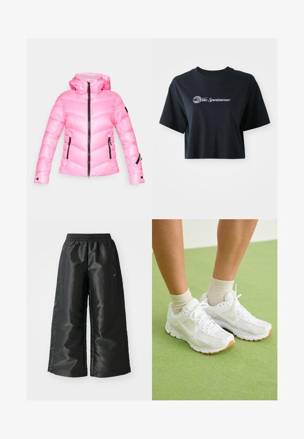 Rosa Pufferjacke mit hohem Kragen, Reißverschluss vorne und Zickzackmuster. Verfügt über schwarze Reißverschlussakzente und seitliche Taschen mit Reißverschlüssen.; Gekürztes schwarzes Baumwoll-T-Shirt mit kurzen Ärmeln, das weißen Text "Vice Sportswear" und eine runde Grafik auf der Vorderseite zeigt.; Schwarze Sporthose aus glänzendem, glattem Stoff, mit einem elastischen Bund, weitem Bein und einem kleinen Logo auf der linken Seite.; Weiße Sportschuhe mit Netzstoff, Gummisohlen und beige Akzenten. getragen mit hellen Socken auf einer grünen Fläche.