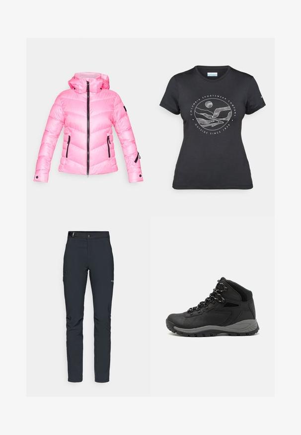 Pink puffer jacket with a high collar, zip front, and chevron pattern. Features black zipper accents and side pockets with zippers.; Black Columbia t-shirt with white circular mountain and river line art and text "Columbia Sportswear Company Outside Since 1938."; Men's outdoor pants, dark gray, made from flexible material, featuring a belt, zippered pockets, and reinforced stitching.; Black hiking boot with a mid-top design, featuring a textured upper, gray accents, and durable rubber sole with traction lugs.