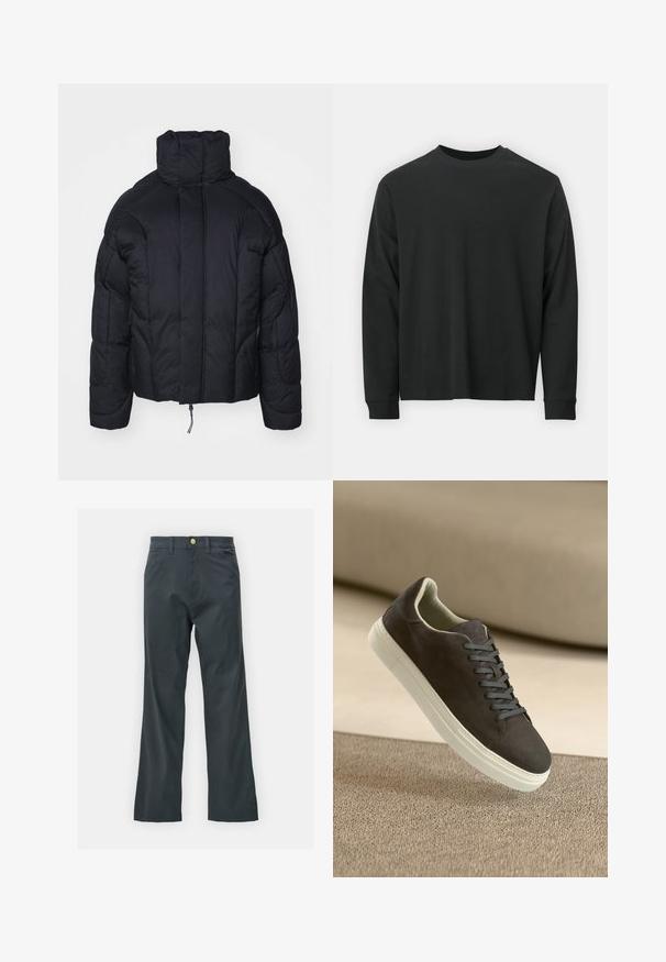Jack & Jones JCOOUTER PUFFER JACKET - Veste d'hiver - black; T-shirt noir à manches longues en coton, avec un col rond, une coupe ample et des poignets côtelés. Texture lisse sans motifs visibles.; Pantalons noirs avec une coupe droite, en tissu mélangé coton. Présentent une fermeture à bouton en métal et des poches latérales. Pas de motifs visibles.; Baskets en suède gris foncé avec lacets assortis et semelle en caoutchouc blanc, placées au-dessus d'une surface beige texturée avec un fond doux.