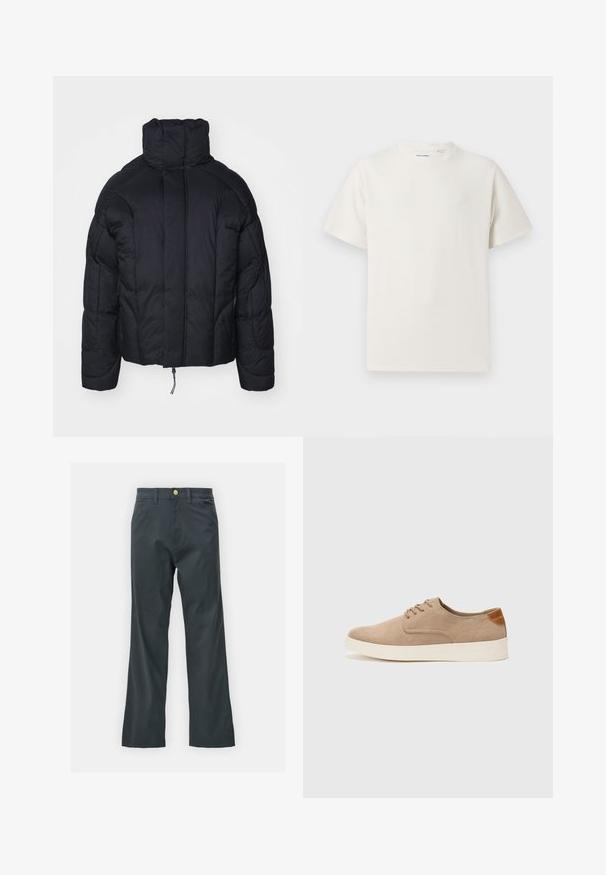 Jack & Jones JCOOUTER PUFFER JACKET - Jachetă de iarnă - black; Tricou alb cu maneci scurte, dintr-un material ribbed. Guler rotund, croi lejer, fără modele sau accente vizibile. Design simplu și versatil.; Pantaloni negri cu croi drept, confecționați dintr-un material din bumbac. Dispun de un închidere cu nasture metalic și buzunare laterale. Fără modele vizibile.; Tenisi din suede bej cu vârf rotund, sistem de șireturi în față și un accent texturat în spate. Talpa albă din cauciuc oferă un contrast. Design simplu și modern.