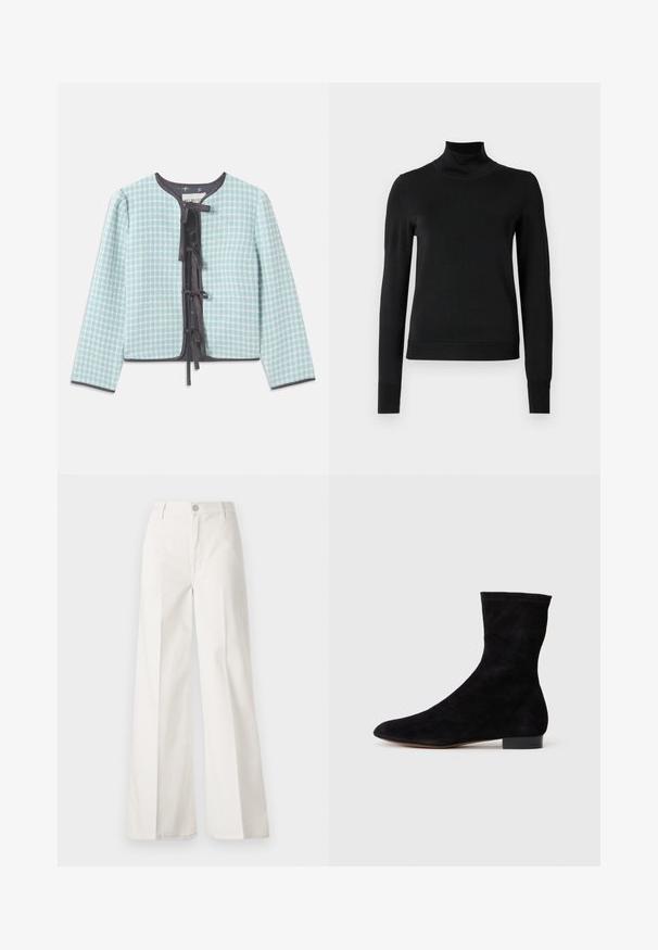 Lys blå, ternet stofjakke med rund halsudskæring, lange ærmer, sort kant og en centralt placeret sløjfe til lukning.; Sort langærmet turtleneck sweater med ribbede manchetter og kant, vist på en simpel hvid baggrund.; Hvide vidde bukser lavet af bomuld med en glat tekstur. Har en frontknap, lynlås, og fire-lomme design.; Sorte suedestøvler til anklerne med en tætsiddende skaft, spids tå og lav blokhæl. Glat tekstur og minimalistisk design, velegnet til alsidig styling.