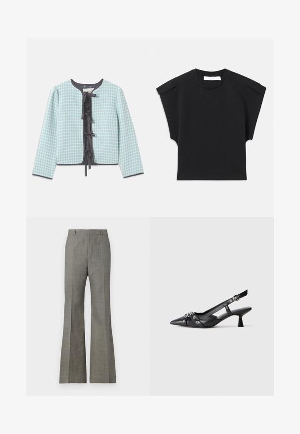 Lys blå, ternet stofjakke med rund halsudskæring, lange ærmer, sort kant og en centralt placeret sløjfe til lukning.; Sort kortærmet top med rund halsudskæring og skulderdetaljer, lagt fladt på en hvid baggrund.; Grå flagrende bukser lavet af tekstureret stof, med en skræddersyet pasform, subtilt ternet mønster og forskydninger foran for et raffineret udseende.; Sort lædersandal med spids tå, dekorative stropper med metaløjer og en lav blokhæl. Struktureret overflade.