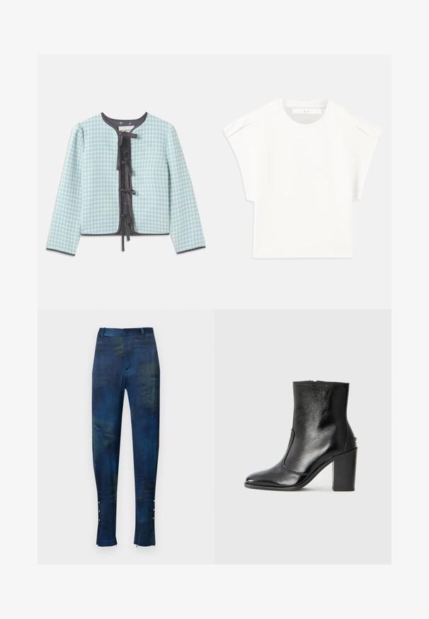 Jasnoniebieska, w kratkę kurtka z okrągłym dekoltem, długimi rękawami, czarnymi wykończeniami oraz centralnym detalem w postaci kokardy do zapięcia.; Biały, prostokątny t-shirt z krótkim rękawem. Wykonany z gładkiego materiału, z okrągłym dekoltem i subtelnymi akcentami na ramionach. Prosty design.; Niebieskie i zielone spodnie w wzory o slim fit, charakteryzujące się gładką fakturą oraz dekoracyjnymi guzikami przy kostce.; Czarne skórzane botki za kostkę o gładkiej fakturze, spiczastym nosku i grubym wysokim obcasie. Posiadają boczne wycięcie i minimalistyczny design.