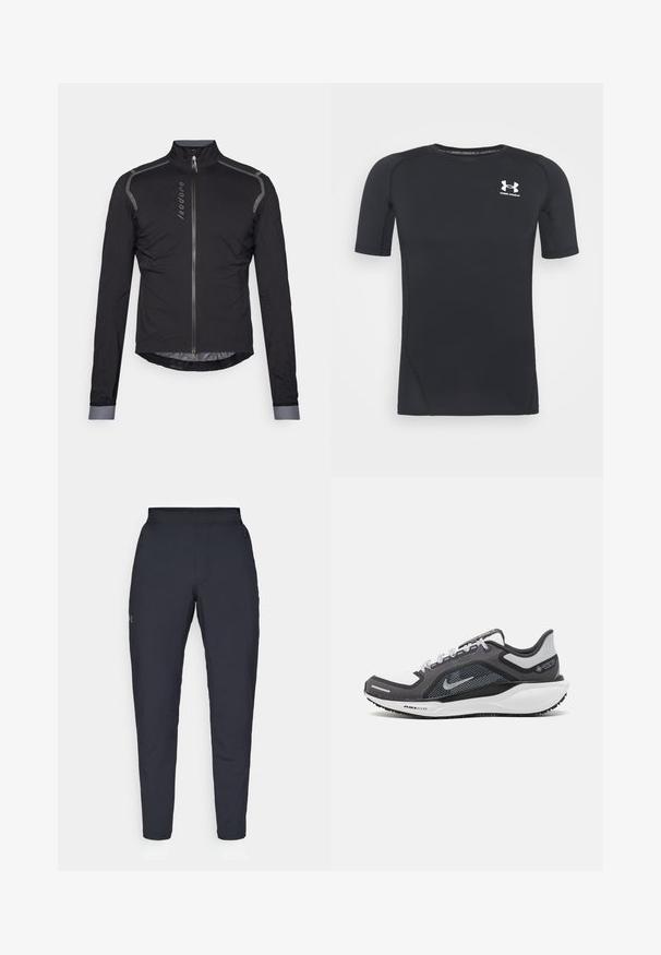 Veste de cyclisme noire à manches longues avec un col montant, fermeture éclair frontale, accents réfléchissants sur les épaules et un ourlet contour. Tissu léger et lisse.; T-shirt de sport noir à manches courtes, fabriqué en tissu extensible à évacuation de l'humidité. Il possède un col rond et un petit logo blanc sur la poitrine.; Pantalons de sport noirs avec une texture lisse, coupe slim, taille élastique et poches latérales. Présente un petit logo sur la cuisse gauche.; Baskets de sport noires et grises avec un empeigne en maille, des accents réfléchissants et un intermédiaire blanc. Comprend une semelle extérieure en caoutchouc texturé et des lacets.