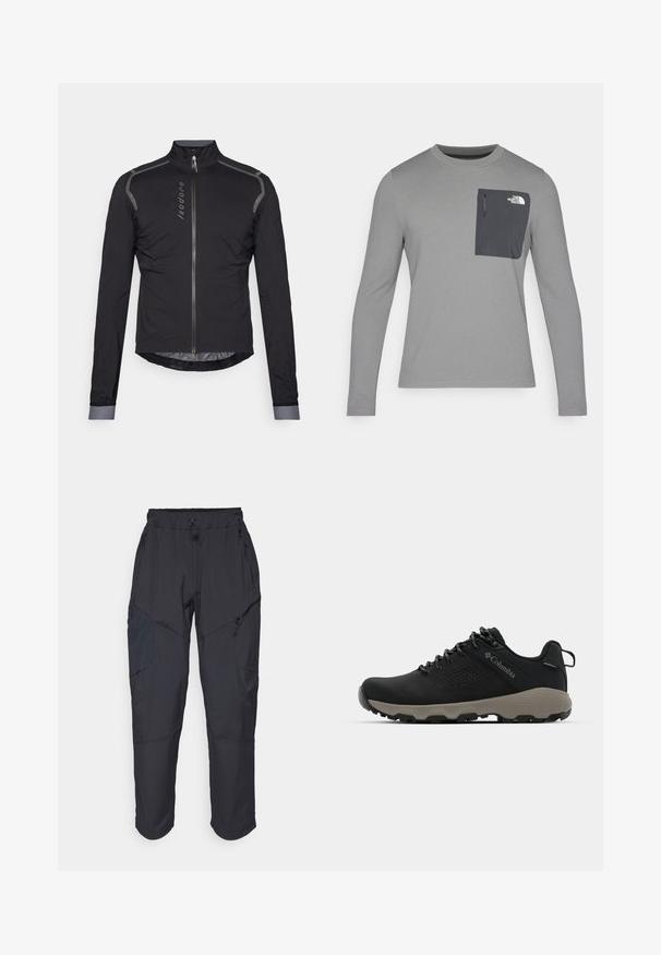 Sort langærmet cykeljakke med høj krave, frontlynlås, reflekterende detaljer på skuldrene og en formet kant. Letvægts, glat stof.; Langærmet grå skjorte i tekstureret stof, med en mørkegrå brystlomme og lynlås. Logo på lommen i hvid.; Sorte cargo bukser lavet af et let, vandafvisende materiale; har elastisk talje, flere lynlåslommer og tætsiddende ben.; Sort vandresko med en glat overdel, perforeret design, grå ydersål og forstærket hæl. Har snørebånd og en træksløjfe for nem påtagning.