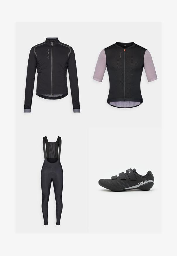 Veste de cyclisme noire à manches longues avec un col montant, fermeture éclair frontale, accents réfléchissants sur les épaules et un ourlet contour. Tissu léger et lisse.; Maillot de cyclisme noir avec des manches courtes à motifs. Doté d'une fermeture éclair sur le devant, d'un tissu en maille respirant et d'un dos légèrement allongé pour plus de couverture.; Cuissards de cyclisme noirs avec bretelles, dotés d'un panneau arrière en mesh et d'une zone rembourrée pour le confort pendant les trajets.; Giro STYLUS - Chaussures de cyclisme - black
