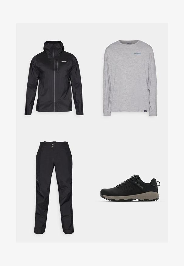 Μαύρο, ελαφρύ αδιάβροχο μπουφάν με εφαρμοστό καπάκι, φερμουάρ κατά μήκος του μπροστινού μέρους και μία μικρή τσέπη στο στήθος. Απαλή υφή και ελάχιστη σήμανση.; Ανοιχτό γκρι μακρυμάνικη μπλούζα φτιαγμένη από μαλακό, υφασμάτινο υλικό. Διαθέτει στρογγυλή λαιμόκοψη και ένα μικρό μπλε λογότυπο Patagonia στο στήθος.; Μαύρο αδιάβροχο παντελόνι με απαλή υφή, διαθέτει δύο μπροστινά κουμπιά και σχεδιασμό με στενή γραμμή. Διακοσμημένο με λογότυπο στο πλάι.; Μαύρο ορειβατικό παπούτσι με λείο επάνω μέρος, διάτρητο σχέδιο, γκρι σόλα και ενισχυμένη φτέρνα. Διαθέτει κορδόνια και κρίκο για εύκολη φόρμα.