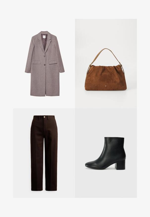 Brun og beige ternet frakke med klapkrave, to forlommer og to knapper, der har en glat inderside.; Brun, chunky strik-turtleneck sweater med ribkantet krave og nederkant. Har lange ærmer og en afslappet pasform, lavet af blødt tekstilmateriale.; Mørkebrune bukser med lige ben, knap- og lynlåslukning, bæltestropper og forlommer mod en hvid baggrund.; Sorte læder ankelstøvler med spids tå og en kraftig hæl. Glat tekstur med minimale detaljer og et slankt, tætsiddende design.; Brun ruskind handbag med en samlet design, der har en enkelt tan læderstrop og en subtil guld logo detalje på fronten.