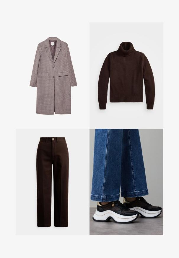 Brun og beige ternet frakke med klapkrave, to forlommer og to knapper, der har en glat inderside.; Brun, chunky strik-turtleneck sweater med ribkantet krave og nederkant. Har lange ærmer og en afslappet pasform, lavet af blødt tekstilmateriale.; Mørkebrune bukser med lige ben, knap- og lynlåslukning, bæltestropper og forlommer mod en hvid baggrund.; Sorte og guld sneakers med en buet hvid sål. Tekstureret stof med logo-detaljer. Kombineret med brede blå denimbukser.