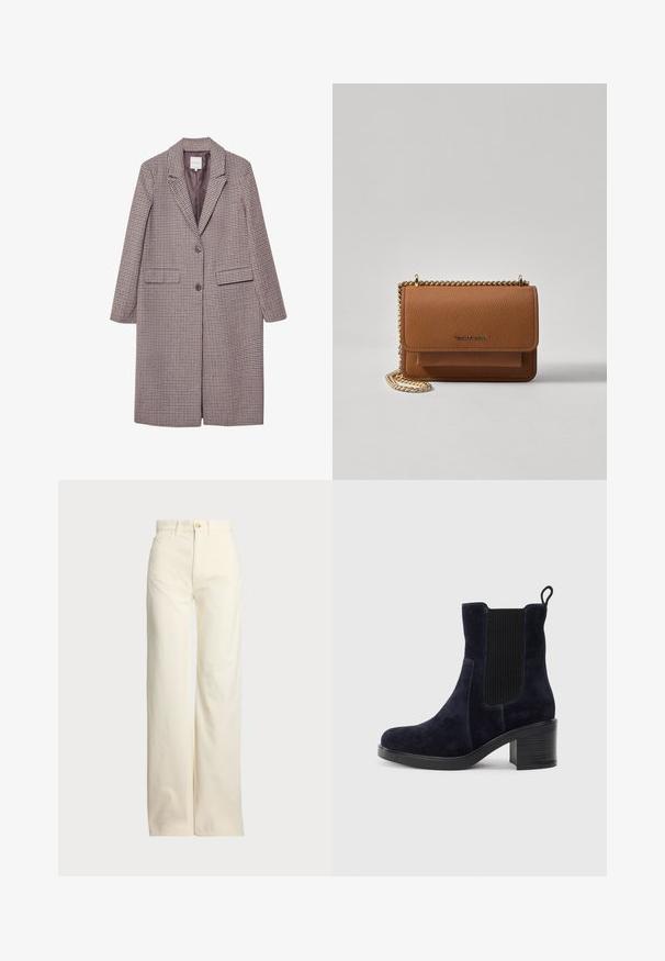 Brauner und beige karierter Mantel mit Reverskragen, zwei vorderen Taschen und zwei Knöpfen, ausgestattet mit einem glatten Innenfutter.; Kurzärmliges, gestreiftes Oberteil in Creme und Marineblau, mit rundem Halsausschnitt und kastiger Form aus strukturiertem Stoff.; Polo Ralph Lauren COTTON CORDUROY WIDE-LEG PANT - Stoffhose - warm white; Schnürstiefelette aus dunkelblauem Wildleder mit elastischem Seitenpanel, runder Spitze und Blockabsatz. Das strukturierte Material und die glatte Sohle sorgen für Kontrast.; Braune strukturierte Ledertasche mit goldener Kettenriemen und Klappenverschluss. Die Vorderseite zeigt ein Logo-Detail und eine Tasche unter der Klappe.