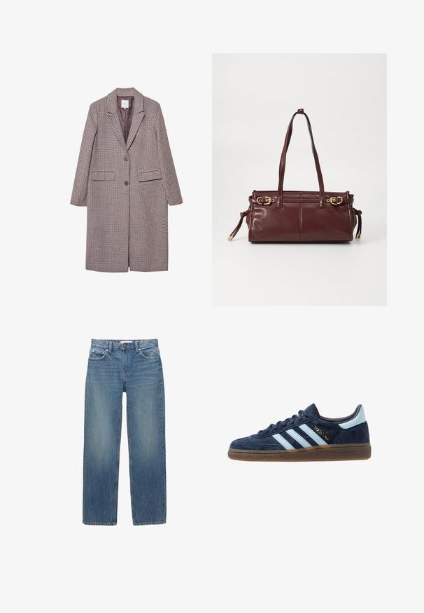 Hnědý a béžový kabát s kostkovaným vzorem, s klopovým límečkem, dvěma předními kapsami a dvěma knoflíky, má hladkou podšívku.; Bílý dlouhý rukáv top vyrobený z ribované látky, který má kulatý výstřih a přední zapínání na šest průhledných knoflíků.; Světle modré džínové kalhoty se střihiem do rovna, pěti kapsami a měděným kováním. Látka má mírné vyblednutí a hladkou texturu.; Námořnické modré semišové tenisky Adidas s světle modrými pruhy, gumovou podrážkou, světle modrým patním poutkem a zlatým nápisem "Spezial" na boku.; Bourgonská kožená kabelka se dvěma ramenními popruhy, zlatými kovovými detaily a zipovým uzávěrem. Vyznačuje se hladkou texturou a jemnými švy.