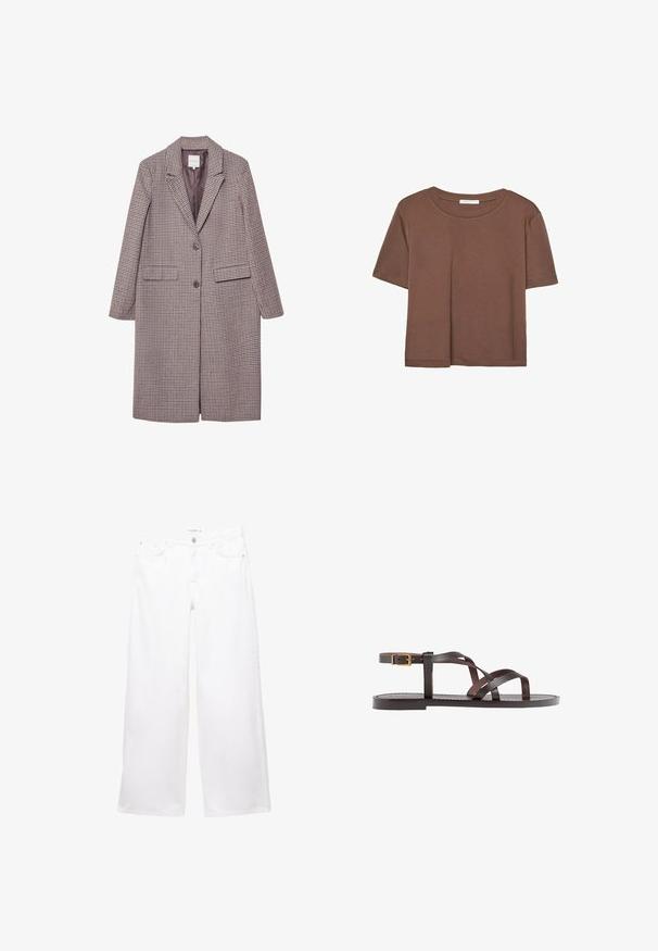 Bruin en beige geruite jas met een gekartelde kraag, twee voorzakken en twee knopen, met een gladde binnenvoering.; Korte mouwen T-shirt in bruin, gemaakt van een zachte stof, met een ronde halslijn en een relaxte pasvorm. Geen zichtbare patronen of accenten.; Witte wijde spijkerbroek van denim met een gladde textuur. Voorzien van een knoop- en ritssluiting, met twee voorkanten en twee achterzakken.; Bruine leren sandaal met kruisingen van banden, een enkelgesp-sluiting en een platte zool met minimale stikdetails.