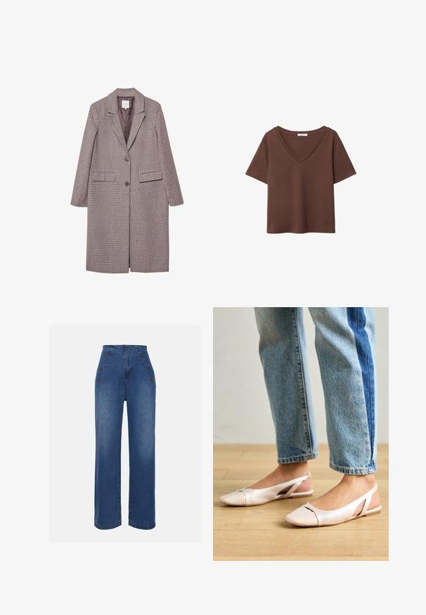 Brun og beige ternet frakke med klapkrave, to forlommer og to knapper, der har en glat inderside.; Brun bomulds t-shirt med korte ærmer og dyb V-hals. Enkel design, blød tekstur og lige kant. Ingen mønstre eller detaljer.; Højtaljede denimjeans i mellemblå. Har frontknapdetaljer og bred benlængde. Stoffet har en glat tekstur med let falmning.; Lyserøde slingback flade sko med spidse tær, lavet af et glat læderlignende materiale. Har udskæringsdetaljer på siderne og en flad hæl.