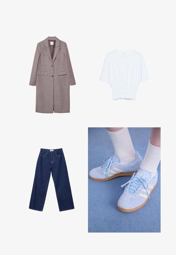 Hnědý a béžový kabát s kostkovaným vzorem, s klopovým límečkem, dvěma předními kapsami a dvěma knoflíky, má hladkou podšívku.; Bílý tričko s krátkým rukávem, se volným střihem a nařasenou texturou v pase. Vyrobeno z měkkého, lehkého materiálu.; Široké tmavě modré džíny z denimu s knoflíkovým zapínáním, pěti kapsami a kontrastním bílým šitím. Tkanina má hladký, mírně texturovaný povrch.; Světlomodré semišové tenisky s bílými pruhy, plochými šňůrkami a gumovou podrážkou. Na nohou jsou žebrované bílé ponožky nad kotník.