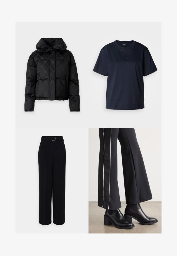 HUGO FARY czarny; Granatowa koszulka z krótkim rękawem wykonana z miękkiej bawełny. Posiada okrągły dekolt oraz subtelnie haftowane logo na piersi.; Czarne, dopasowane spodnie o szerokim kroju nogawek, z paskiem z srebrną klamrą, plisami i gładką fakturą materiału.; Czarne skórzane botki za kostkę na słupku, z elastycznymi panelami po bokach. Połączone z czarnymi spodniami z białym paskiem po boku.