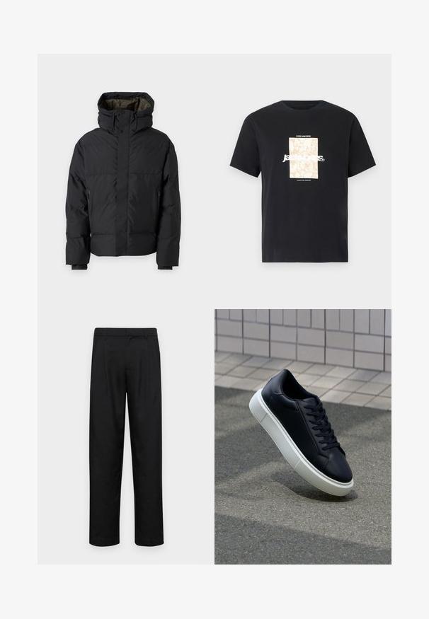 Black puffer jacket with a high neck, dual zippers, side pockets, and a hood. Features a smooth exterior and lined interior.; Black cotton t-shirt with round neck. Features a beige rectangular graphic and white text, "JAWO," centered on the front. Short sleeves.; Black trousers made of smooth fabric, featuring a straight-leg design, two front pleats, and standard waistband with belt loops.; Black leather sneaker with rounded toe and white rubber sole. Features flat laces and minimal stitching on the upper. Textured sole for grip.