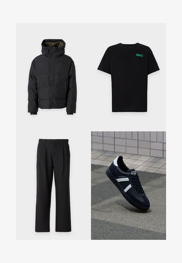 Musta puffatakki korkealla kauluksella, kaksoissivuvetoketjulla, sivutaskuilla ja hupulla. Ominaisuuksiin kuuluu sileä ulkopinta ja vuorattu sisäpinta.; Mustat t-paidat, jotka on valmistettu puuvillasta ja joissa on lyhyet hihat. Edessä vihreä "ROOTS"-logo, pyöreä kaula-aukko ja normaali istuvuus.; Jack & Jones JPSTBILL JJDAYTONA WIDE - Housut - black; Mustat nahkakengät valkoisilla raidoilla, teksturoitu kumipohja ja nauha edessä. Varustettu merkkitarralla kielen päällä.