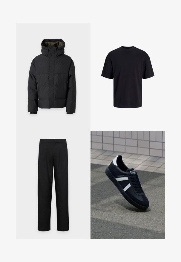 Čierna prešívaná bunda s vysokým golierom, dvojitým zipsom, bočnými vreckami a kapucňou. Má hladký vonkajší povrch a podšívku.; Čierne bavlnené tričko s okrúhlym výstrihom, krátkymi rukávmi a uvoľneným strihom. Hladká textúra bez viditeľných vzorov alebo akcentov.; Čierne nohavice vyrobené z hladkej tkaniny, s rovnými nohavicami, dvoma prednými skladmi a štandardným pásom s pútkami na opasok.; Čierne kožené tenisky s bielymi pruhmi, textúrovanou gumovou podrážkou a šnurovaním vpredu. Obsahujú označenie značky na jazyku.
