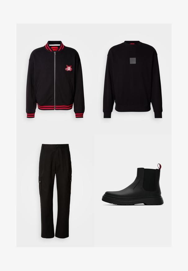 Črno bombnik jopico z rdečimi rebrastimi ovratnikom in manšetami. Ima sprednji zadrgo in vezeno logotipno podrobnost na prsih. Material je mešanica bombaža.; Črn pulover z dolgimi rokavi, okroglo izrezan, spredaj z sivim kvadratnim logotipom, mehkega materiala in rebrastimi manšetami ter robom.; Črne cargo hlače iz bombaža z sproščenim krojem, opremljene s stranskimi žepi, gumbom za zapiranje in ravnimi nogami. Preprost dizajn brez vzorcev.; Črne gležnjarje z gladkim zaključkom, elastičnimi stranskimi paneli in kontrastnim rdečim izvlečnim trakom, ki vključujejo debel gumijast podplat in zaobljen nos.