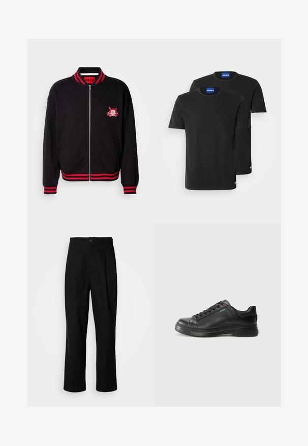 Mustat pommikapteenitakki punaisella ribbetun kauluksessa ja hihansuissa. Varustettu etuvetoketjulla ja brodeeratulla logolla rinnassa. Puuvillasekoitemateriaali.; Kaksi mustaa puuvillapaitaa, joissa on pyöreät kaula-aukot, lyhyet hihat ja siniset "HUGO" -tarrat kaula-aukossa ja sivusaumassa.; Mustat suorat housut napillisella vyötäröllä, vyölenkeillä ja etukaanneksilla, esitelty vaaleaa taustaa vasten.; Musta nahkakengät, joissa on teksturoidun pinnan, pehmustettu kaulus ja punainen logo. Kengissä on paksu kumipohja, jossa on selkeä uramalli.