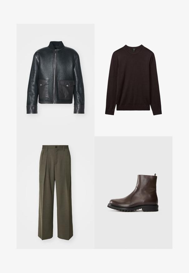 Melna ādas bomber jaka ar teksturētu apdari, ribotais apkakle, rāvējslēdzējs un divas priekšējās kabatas. Akcenti tumši brūnā ādā.; Reiss Džemperis - dark bordeaux; Filippa K WIDE TROUSERS - Auduma bikses - driftwood; Brūnas ādas potītes zābaki ar gludu tekstūru, elastīgām sānu paneļiem, cilpu aizmugurē un izturīgu gumijas zoli.