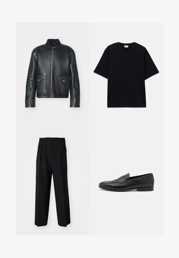 Schwarze Lederbomberjacke mit strukturiertem Finish, geripptem Kragen, Reißverschluss und zwei Fronttaschen. Akzente in dunkelbraunem Leder.; Schwarzes, oversized T-Shirt mit kurzen Ärmeln und rundem Ausschnitt, mit sichtbarem Filippa K Markenlabel im Kragen.; Schwarze, plissierte Hose mit geradem, weitem Bein. Hergestellt aus glattem Stoff, mit Knopfverschluss und Gürtelschlaufen.; Schwarze Leder-Herrenloafer mit niedrigem Absatz und klassischem Penny-Riemen-Design, seitlich auf einem weißen Hintergrund dargestellt.