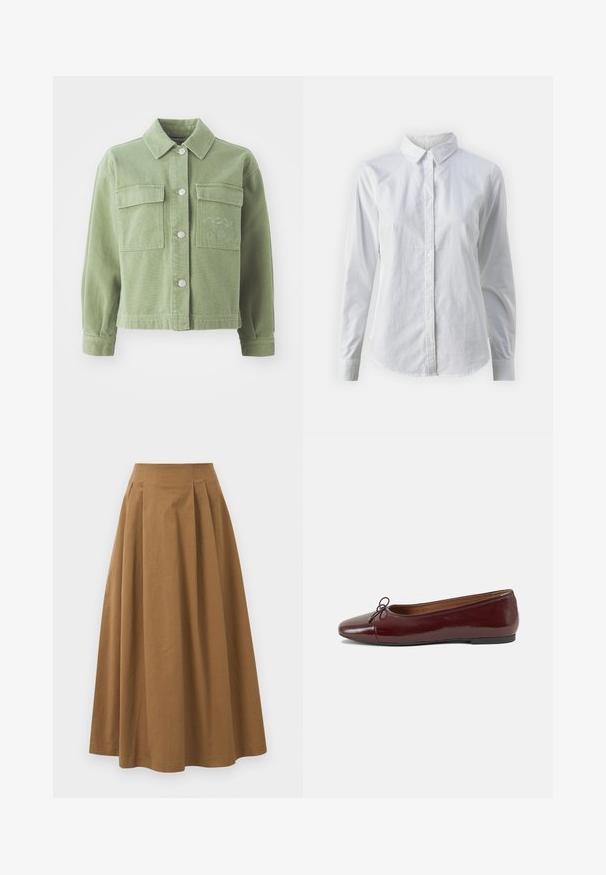 Vihreä farkkutakki, jossa on kauluspaita, kaksi rintataskua, hopeiset napit ja brodeerattu yksityiskohta vasemmassa taskussa.; Valkoinen napitettava paita, joka on valmistettu sileästä puuvillasta. Paidassa on klassinen kaulus, pitkät hihat ja kaareva helma. Nappien koko on pieni ja ne ovat valkoiset.; Ruskea puuvillainen A-linjainen hame korkealla vyötäröllä, jossa on laskokset edessä ja sileä pinta. Helma on viimeistelty siististi ja yksinkertaisesti.; Burgundin värinen lakattu nahkainen ballerinatossu pyöreällä varvaskärjellä, pienen nauhan yksityiskohdalla edessä ja matalalla mustalla kumipohjalla. Sujuva pinta.