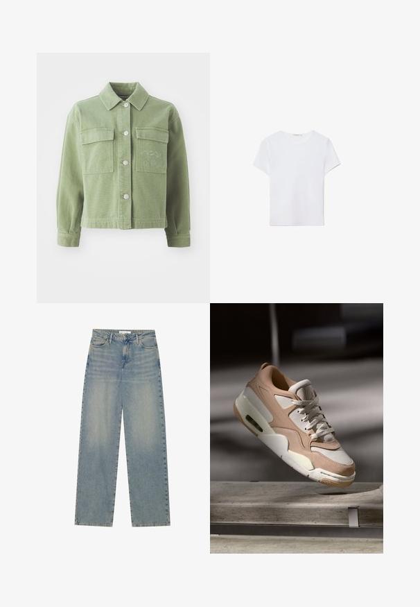 Zeleni denim jakna s ovratnikom, dvema prsoma žepoma, srebrnimi gumbi in vezenim detajlom na levem žepu.; Bela kratka majica s kratkimi rokavi, izdelana iz mehkega materiala. Ima okroglo izrez in preprost, čist dizajn s ravnim robom.; Svijetloplave traperice visokog struka ravnog kroja s prednjim džepovima, petljama za pojas i vidljivim dugmetom i zatvaračem.; Bež in bela športna obutev z gladkim usnjem in semišem, ki ima oblazinjen jezik, sprednje vezanje ter vidno enoto zračnega blazinjenja.