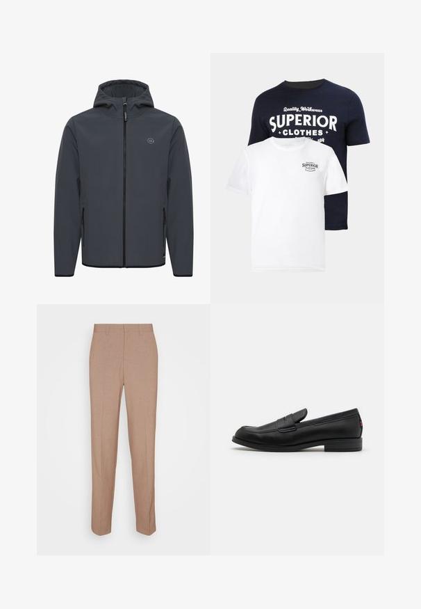 Hooded jacket in dark gray, made of smooth, weather-resistant fabric. Features a front zipper, side pockets, and a minimalistic logo accent.; Two t-shirts: one navy blue with white graphic text "SUPERIOR CLOTHES," and one white with a smaller navy logo. Both are cotton, crew-neck.; Beige tailored trousers in a smooth, textured fabric. Straight fit with a waistband and no visible embellishments or pockets.; Black leather loafers with a smooth finish, rounded toe, and a small decorative flap. Features a low stacked heel and subtle branding detail.