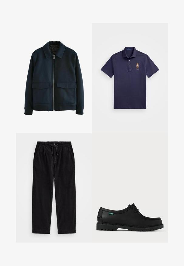 Chaqueta de cremallera azul marino con cuello plano, dos bolsillos parchados en la parte frontal, puños y cintura acanalados. Fabricada con una mezcla de lana texturizada.; Polo Ralph Lauren CUSTOM SLIM POLO BEAR MESH POLO SHIRT - Polo - faded blue bear; Pantalones de pana negra con corte relajado, que cuentan con una cinturilla elástica con cordón ajustable y bolsillos laterales. La tela presenta una textura acanalada.; Zapato de cuero negro con perfil bajo, punta redonda y suela texturizada. Presenta una etiqueta verde "POLO" y costuras en contraste a lo largo del borde.