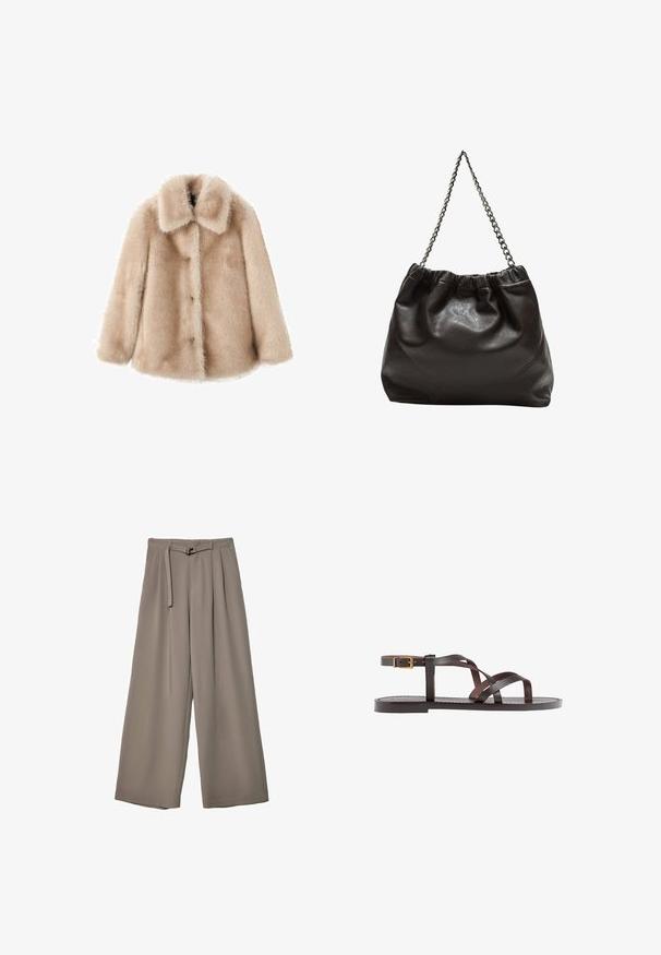 Manteau en fausse fourrure de couleur beige doux avec une texture duveteuse, large col et fermeture à quatre boutons sur le devant. Il présente des manches longues et aucun motif visible.; T-shirt marron à manches courtes en tissu doux, avec un col rond et une coupe décontractée. Aucun motif ni accent visible.; Pantalons évasés en tissu gris doux et muted, avec une taille ceinturée et des plis pour un détail de design supplémentaire. Texture lisse, sans motifs.; Sandale en cuir marron avec des brides entrecroisées, une fermeture à boucle à la cheville et une semelle plate avec des détails de couture minimaux.; Sac en cuir marron avec un haut froncé et une bandoulière en chaîne. Texture lisse avec une finition brillante et des coutures subtiles sur les côtés.