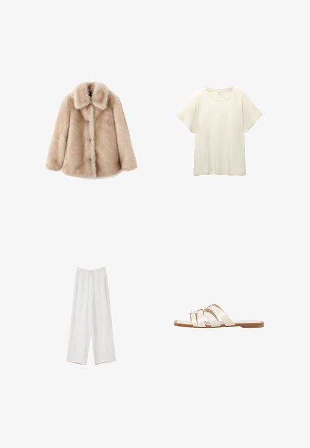 Sztuczny futrzany płaszcz w miękkim beżu o puszystej teksturze, z szerokim kołnierzem i czterema guzikami z przodu. Posiada długie rękawy i brak widocznych wzorów.; Jasno beżowa, krótko rękawowa koszulka z okrągłym dekoltem, wykonana z miękkiego, gładkiego materiału. Posiada luźny krój i prosty dół.; Białe spodnie o szerokich nogawkach wykonane z lekkiego materiału. Posiadają elastyczny pas z sznurkiem i boczne kieszenie. Gładka tekstura.; Płaskie sandały z brązową gumową podeszwą, zaprojektowane z trzema nakładającymi się na siebie białymi skórzanymi paskami i małym detalem w postaci kokardy na środku.