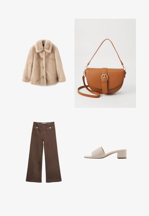 Väärennettu turkistakkia pehmeässä beigeväriä, jossa on pörröinen pinta, leveä kaulus ja neljän napin etukiinnitys. Takissa on pitkät hihat eikä näkyviä kuvioita.; Ruskea puuvillapaita, jossa on lyhyet hihat ja syvä V-kaula-aukko. Yksinkertainen muotoilu, pehmeä rakenne ja suora helma. Ei kuvioita tai yksityiskohtia.; Ruske leve bukser i bomuld med to forlommer med sølvknapper og en glat overflade.; Beige saappa puolipohjalla, jossa on leveä hihna ja avoin varvas. Tasainen materiaali ja tyylikäs muotoilu. Lyhyt ja tukeva korko vakauden takaamiseksi.; Ruskean nahkainen olkalaukku, jossa on kaareva muoto, kultaiset yksityiskohdat ja solkiyksityiskohta. Varustettu irrotettavalla olkahihnalla.