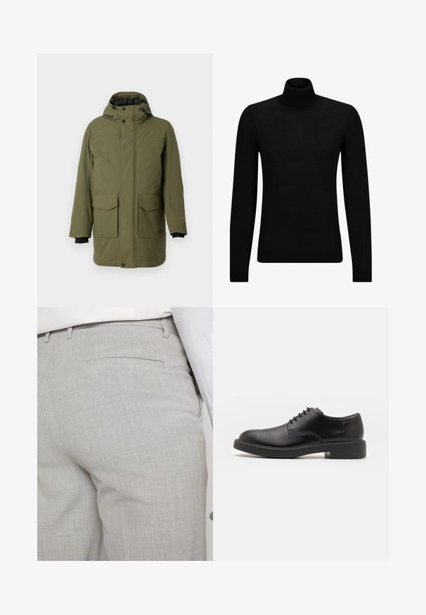 Olivovo zelená parka s kapucňou, ktorá má dve predné vrecká, rovný strih a čierne elastické manžety. Vyrobená z textúrovaného, odolného materiálu.; Čierny rolák vyrobený z jemného materiálu, s dlhými rukávmi a tesným strihom. Hranatý lem a manžety s ribbed úpravou. Jednoduchý dizajn.; Svetlosivé nohavice na mieru vyrobené zo štruktúrovanej látky, s jedným zadným vreckom a čistým prešívaním.; Čierne kožené šnurovacie topánky s okrúhlou špičkou, hladkým povrchom, minimálnym prešívaním a nízkym gumovým podpätkom. Logo na podpätku.