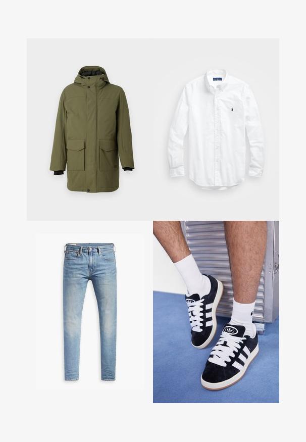 Olive green parka with a hood, featuring two front patch pockets, a straight cut, and black elastic cuffs. Made from textured, durable fabric.; White long-sleeve button-up shirt in cotton. Features a classic collar, button cuffs, and a small navy embroidered logo on the chest.; Black oversized T-shirt with dark grey "ALLSAINTS" text across chest and "LONDON" in smaller letters below.; Light blue slim-fit jeans with slight fading on thighs, front button closure, belt loops, and five-pocket styling on a white background.; Black suede sneakers with white laces and three white stripes. Features a circular black logo on the tongue and a gum rubber sole.