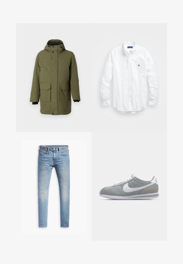 Parka verde oliva con capucha, que cuenta con dos bolsillos de parche en la parte delantera, un corte recto y puños elásticos negros. Fabricada con un tejido texturizado y duradero.; Camisa blanca de manga larga de algodón con botones. Presenta un cuello clásico, puños con botones y un pequeño logo bordado en azul marino en el pecho.; Jeans ajustados de color azul claro con un ligero desgaste en los muslos, cierre frontal con botón, trabillas para cinturón y estilo de cinco bolsillos sobre un fondo blanco.; Zapatilla deportiva gris con parte superior de ante y textil, swoosh blanco de Nike y cordones blancos. Presenta una suela de goma texturizada y un collar acolchado.