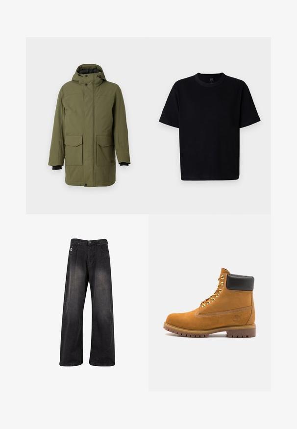 Oliwkowa parka z kapturem, z dwoma przednimi kieszeniami naszytymi, prostym krojem i czarnymi elastycznymi mankietami. Wykonana z teksturowanej, trwałej tkaniny.; Czarna bawełniana koszulka z okrągłym dekoltem, krótkimi rękawami i prostym krojem. Charakteryzuje się minimalnym przeszyciem oraz miękką, gładką fakturą.; Czarne spodnie dżinsowe o szerokich nogawkach z wyblakłym wykończeniem, z zapięciem na guzik, pięcioma kieszeniami oraz metką z logo z przodu po lewej stronie.; Beżowe zamszowe botki sięgające kostki z czarną wyściełaną krawędzią, złotymi oczkami, białymi detalami szycia oraz wytrzymałą gumową podeszwą z wyraźnym bieżnikiem.