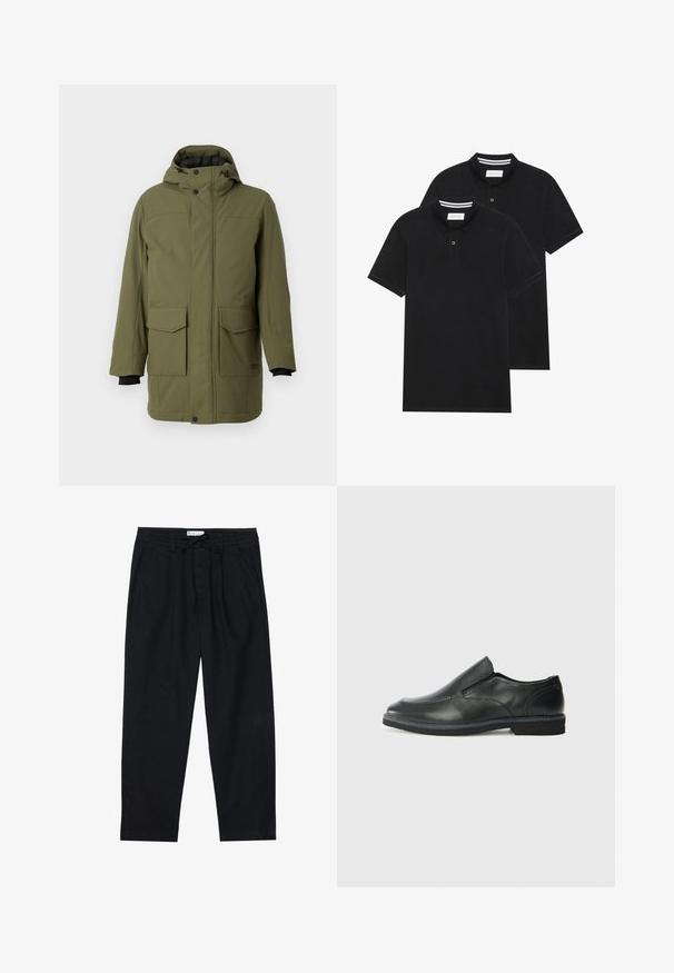 Maslinasto zeleni parka s kapuljačom, sadrži dva prednja platnena džepa, ravnog kroja i crne elastične manžete. Izrađena od teksturiranog, izdržljivog materijala.; Dva crna polo majice, kratki rukavi, pamučni materijal, sa klasičnom ovratnikom, čepom sa dva gumba i bijelim prugastim detaljima unutar ovratnika.; Pier One Chino hlače - black; Crne kožne cipele na sklapanje s glatkom gornjom površinom, prošivenim detaljima, zaobljenim vrhom i niskim gumene potplate. Potplat ima minimalne uzorke.