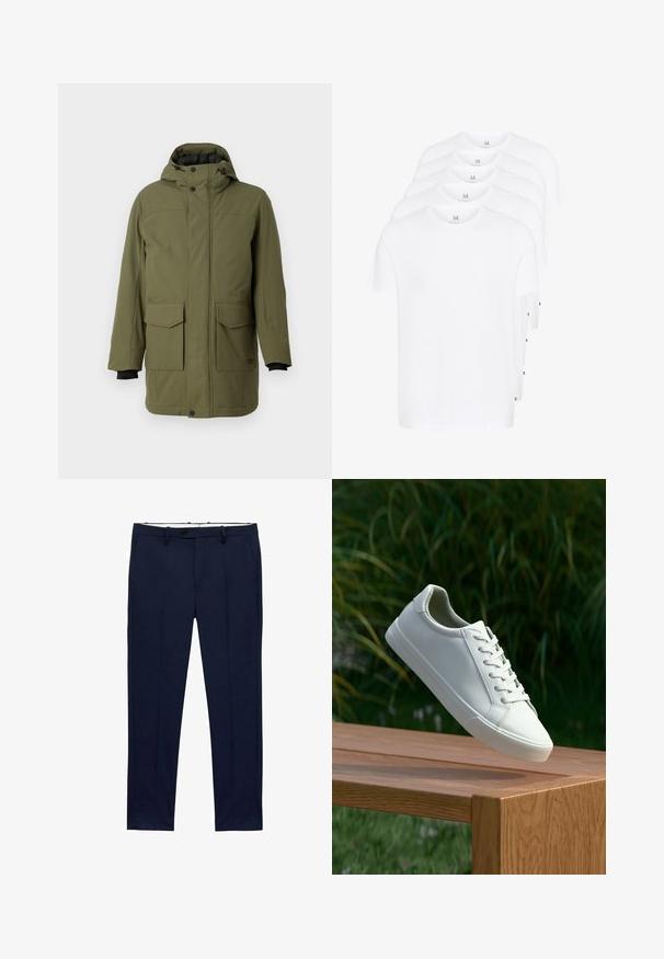 Olivgrön parkas med huva, som har två framfickor med lappar, rakt snitt och svarta elastiska ärmslut. Tillverkad av textil, hållbart material.; Valkeat lyhythihaiset t-paidat pinottuna, valmistettu puuvillasta. Ominaisuuksina pyöreä kaula-aukko ja suora leikkaus. Kangas näyttää sileältä ilman kuvioita.; Tummansiniset housut, joissa on kapea malli ja viivoituskuvio. Varustettu vetoketjulla, vyölenkeillä ja etutaskuilla. Sujuva kangas.; Valkoiset nauhalla kiinnitettävät lenkkarit leijuvat puupenkillä, taustalla vihreää kasvillisuutta, tuoden esiin kengän muotoilua ja pintarakennetta.