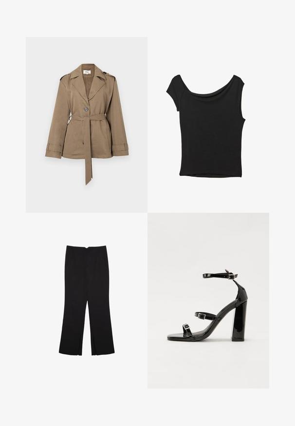 Smeđa jakna s remenom, s ovratnikom urezanim u obliku slova, zatvaranjem na gumb i dugim rukavima. Napravljena od glatkog, laganog materijala. Pogodna za slojevito nošenje.; Crna majica kratkih rukava od glatkog materijala; ima drapirani izrez i asimetrični donji rub, uz prilagođeni kroj tijela.; Crne hlače ravnog kroja, s prednjim džepovima i bočnim prorezima na rubu. Izrađene od mekog i glatkog materijala. Pogodne za razne prigode.; Crne lakirane sandale na pete sa kvadratnim nosom, trakama oko gležnja i srebrnim kopčama. Imaju čvrst blok petu za stabilnost.